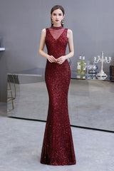Elegant Illusion neck Burgundy Sleeveless Mermaid Prom Party Gowns-Ballbella