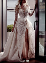 Elegant Lace Long Sleeve Wedding Dress Slit-Ballbella