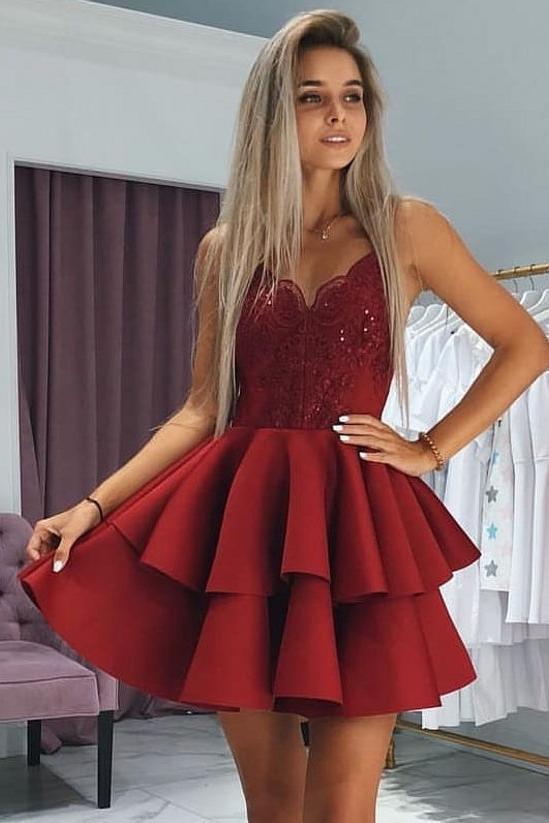 Elegant Layers Homecoming Dresses Spaghetti Straps Lace Hoco Dresses with Appliques Elegant Layers Homecoming Dresses Spaghetti Straps Lace Hoco Dresses with Appliques