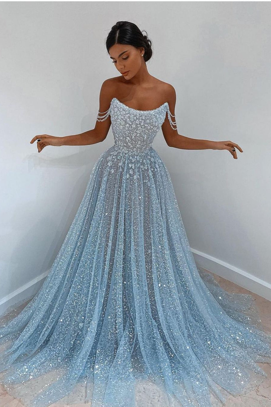 Elegant Light Blue Tulle Sequins Evening Dress Strapless Long Elegant Light Blue Tulle Sequins Evening Dress Strapless Long