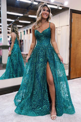 Elegant Long A-line Spaghetti Straps Lace Sleeveless Evening Prom Dresses With Slit-Ballbella