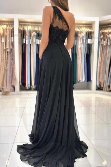 Elegant Long Black Graduation Dresses One Shoulder Lace Prom Dresses with Split Online Elegant Long Black Graduation Dresses One Shoulder Lace Prom Dresses with Split Online