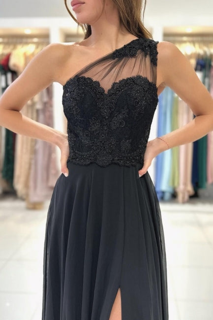 Elegant Long Black Graduation Dresses One Shoulder Lace Prom Dresses With Split Online Elegant Long Black Graduation Dresses One Shoulder Lace Prom Dresses With Split Online