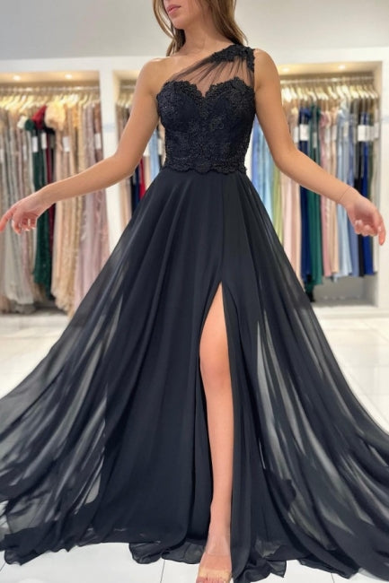 Elegant Long Black Graduation Dresses One Shoulder Lace Prom Dresses With Split Online Elegant Long Black Graduation Dresses One Shoulder Lace Prom Dresses With Split Online