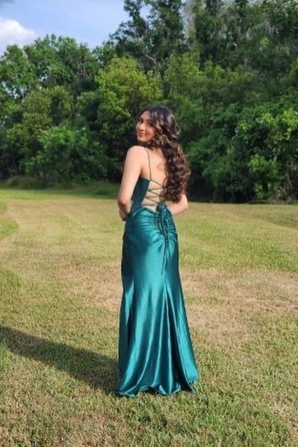Elegant Long Dark Green Sleeveless Spaghetti Straps Prom Dresses With Split Online Elegant Long Dark Green Sleeveless Spaghetti Straps Prom Dresses With Split Online