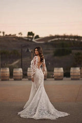 Elegant Long Mermaid Lace Wedding Dresses With Long Sleeves-Ballbella