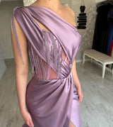 Elegant Long Purple One Shoulder Beading Sleeveless Prom Dresses Long Slit Online-Ballbella