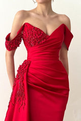 Elegant Long Red Mermaid Off-the-Shoulder Lace Prom Dresses-Ballbella
