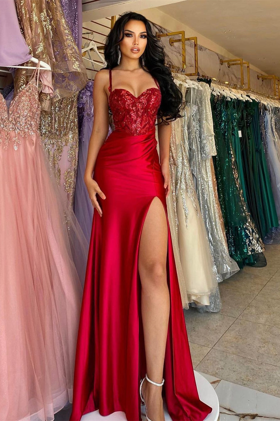 Elegant Long Red Spaghetti Straps Sequins Lace Sleeveless Prom