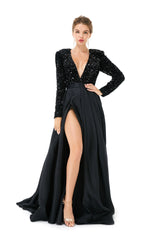 Elegant Long sleeve Deep V-neck Dark green Evening Dress | Ballbella Real Shooting-Ballbella