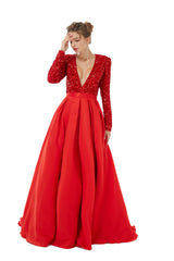 Elegant Long sleeve Deep V-neck Dark green Evening Dress | Ballbella Real Shooting-Ballbella