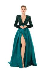 Elegant Long sleeve Deep V-neck Dark green Evening Dress | Ballbella Real Shooting-Ballbella
