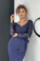 Elegant Long Sleeve Lace Evening Dress Mermaid V-Neck Online-Ballbella