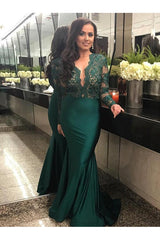 Elegant Long Sleeves Lace Prom Party GownsMermaid Green Women's Party Dress-Ballbella