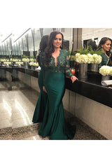 Elegant Long Sleeves Lace Prom Party GownsMermaid Green Women's Party Dress-Ballbella