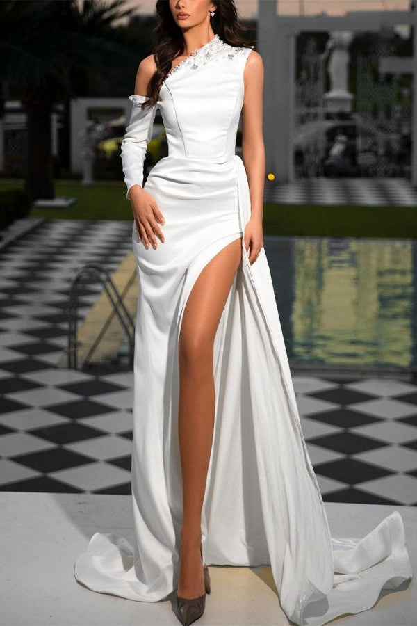 Elegant Long White One Shoulder Sequins Prom Dresses Long Slit Online Elegant Long White One Shoulder Sequins Prom Dresses Long Slit Online