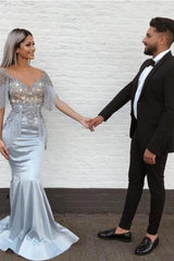 Elegant Mermaid Sky Blue Evening Gowns V-Neck Prom Dresses with Tassels-Ballbella