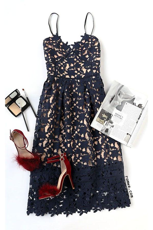 Elegant Navy Blue Lace Ankle-length Homecoming Dress Elegant Navy Blue Lace Ankle-length Homecoming Dress