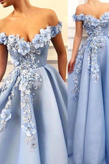 Elegant Off-The-Shoulder Flower Appliques Sleeveless A-Line Prom Party Gowns-Ballbella