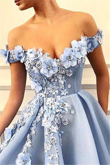Elegant Off-The-Shoulder Flower Appliques Sleeveless A-Line Prom Party Gowns-Ballbella
