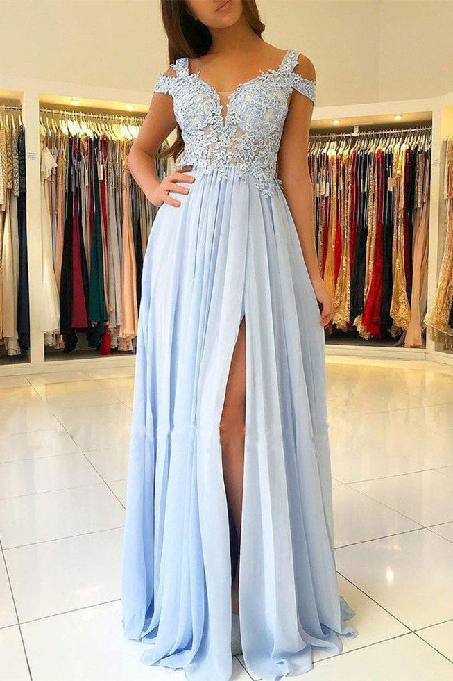 Elegant Off-The-Shoulder Low Back Prom Dresses with Chic High Split Ligh Sky Blue Evening Gowns with Lace Appliques Elegant Off-The-Shoulder Low Back Prom Dresses with Chic High Split Ligh Sky Blue Evening Gowns with Lace Appliques