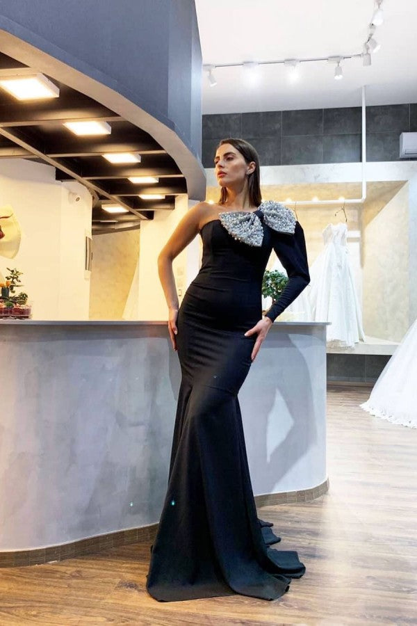 Elegant One-shoulder Black Sequined Bow Evening Dresses Elegant One-shoulder Black Sequined Bow Evening Dresses