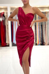 Elegant One Shoulder Short Prom Dress Online With Slit-Ballbella