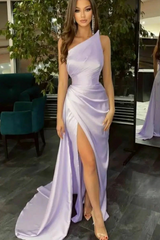 Elegant One shoulder Sleeveless Prom Party Gowns Black Split Long Evening Gowns-Ballbella