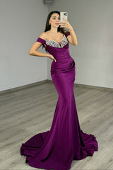Elegant Orchid Mermaid Satin Off-The-Shoulder Prom Dress Sleeveless Sheath With Gem-Ballbella