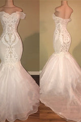 Elegant Organza Off-the-shoulder Mermaid Wedding Dress Sequins Long Lace-Ballbella