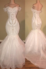 Elegant Organza Off-the-shoulder Mermaid Wedding Dress Sequins Long Lace-Ballbella
