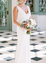 Elegant Petite Cowl Back Sheath Column Wedding Dresses-Ballbella