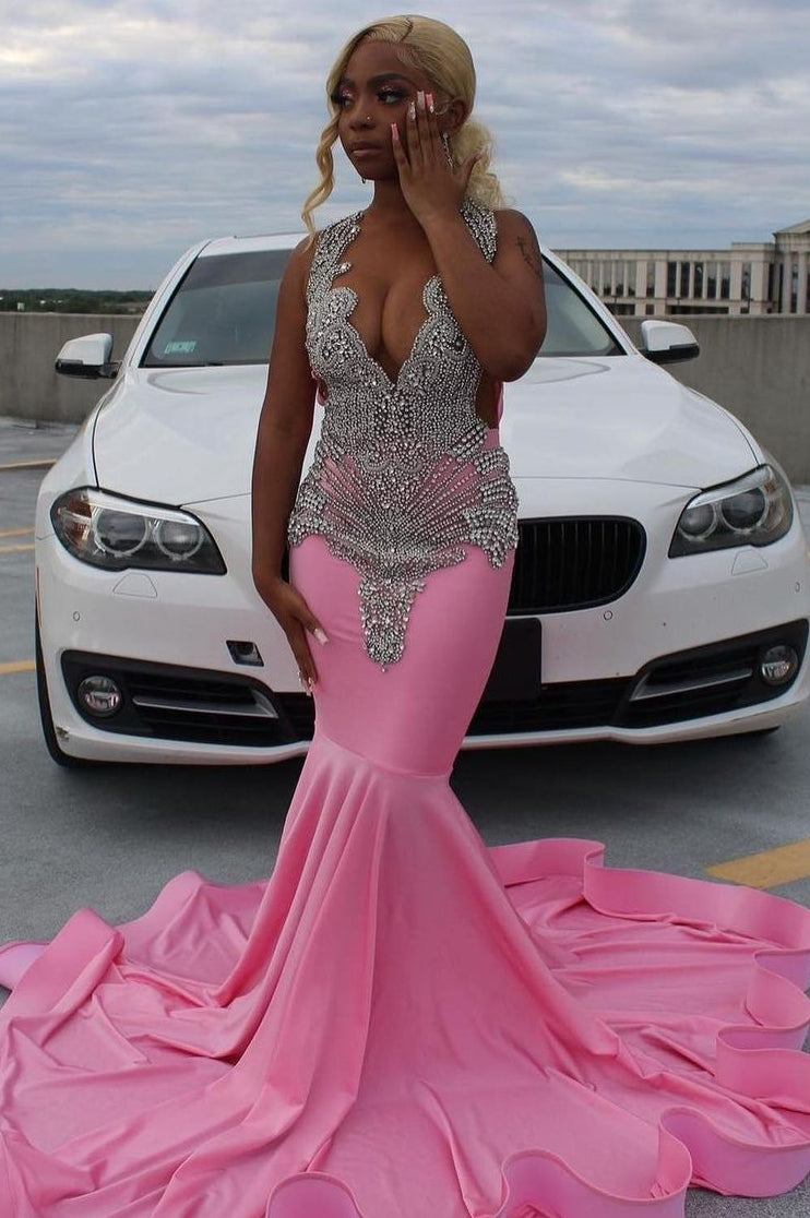 Elegant Pink Mermaid Court Train Prom Dresses wth Silver Beads Elegant Pink Mermaid Court Train Prom Dresses wth Silver Beads