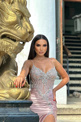 Elegant Pink V-Neck Spaghetti-Straps Sleeveless Satin Prom Dresses Mermaid Gem With High Split-Ballbella