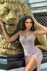 Elegant Pink V-Neck Spaghetti-Straps Sleeveless Satin Prom Dresses Mermaid Gem With High Split-Ballbella
