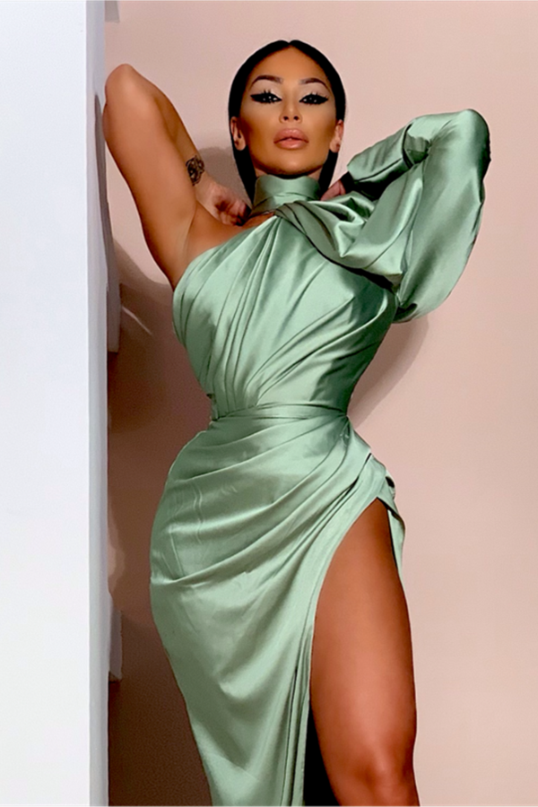 Elegant Puffy Long Sleeves Prom Dress High Neck Party Dress With Split Elegant Puffy Long Sleeves Prom Dress High Neck Party Dress With Split