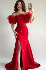 Elegant Red Strapless Mermaid Prom Dresses Bubbles Sleeves High Slit Sheath With Pearls-Ballbella