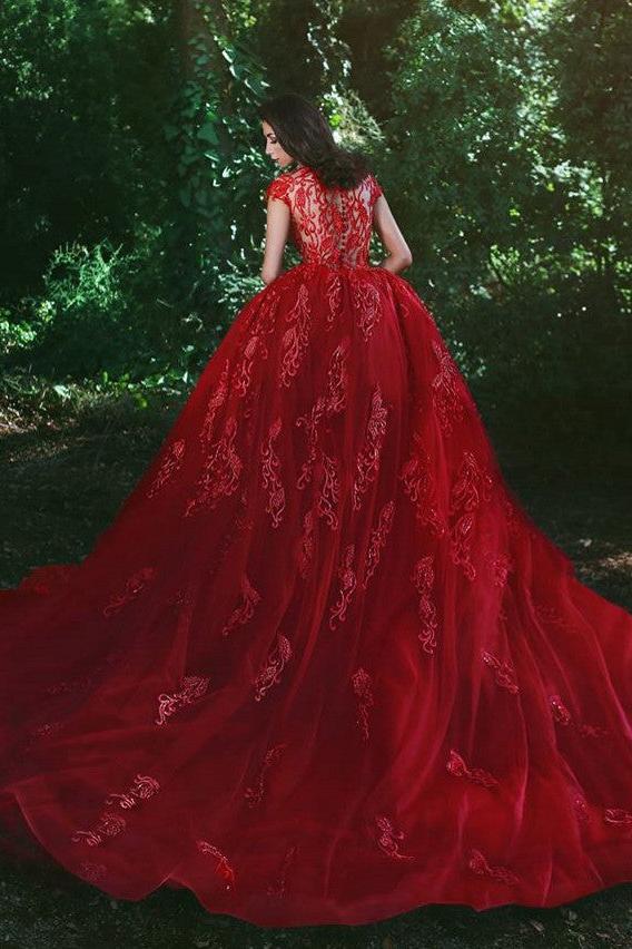 Elegant Red V-Neck OverSkirt Lace Applique Prom Dresses Elegant Red V-Neck OverSkirt Lace Applique Prom Dresses