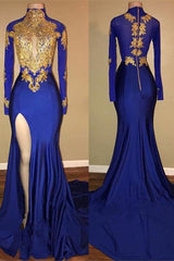 Elegant Royal Blue Prom Party GownsMermaid Long Sleeves With Appliques-Ballbella
