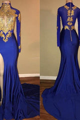 Elegant Royal Blue Prom Party GownsMermaid Long Sleeves With Appliques-Ballbella