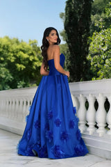 Elegant Royal Blue Strapless Sleeveless Satin Prom Dress A-Line With Zipper Flower-Ballbella