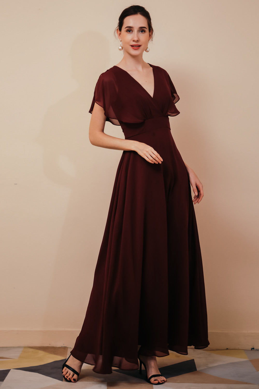 Elegant Rust Cool-shoulder V-neck Chiffon Evening Dress, Rust / US2 Elegant Rust Cool-shoulder V-neck Chiffon Evening Dress, Rust / US2