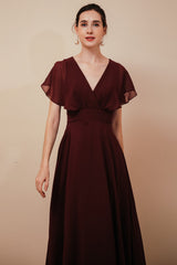 Elegant Rust Cool-shoulder V-neck Chiffon Evening Dress-Ballbella