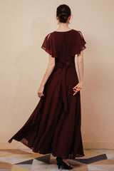 Elegant Rust Cool-shoulder V-neck Chiffon Evening Dress-Ballbella