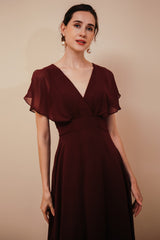 Elegant Rust Cool-shoulder V-neck Chiffon Evening Dress-Ballbella