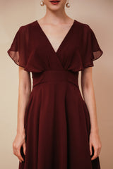 Elegant Rust Cool-shoulder V-neck Chiffon Evening Dress-Ballbella