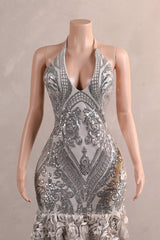 Elegant Silver Sequin Flowers Mermaid Floor Length Prom Dresses-Ballbella