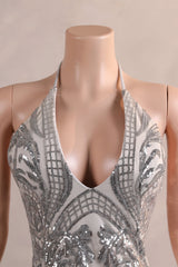 Elegant Silver Sequin Flowers Mermaid Floor Length Prom Dresses-Ballbella