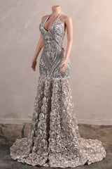 Elegant Silver Sequin Flowers Mermaid Floor Length Prom Dresses-Ballbella