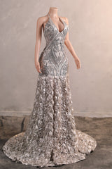 Elegant Silver Sequin Flowers Mermaid Floor Length Prom Dresses-Ballbella
